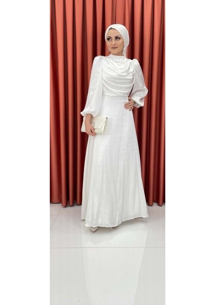 24Y4526 Hennin Abiye Elbise Saten Önü Drapeli - Hennin - 24Y4526 - Ekru - 42