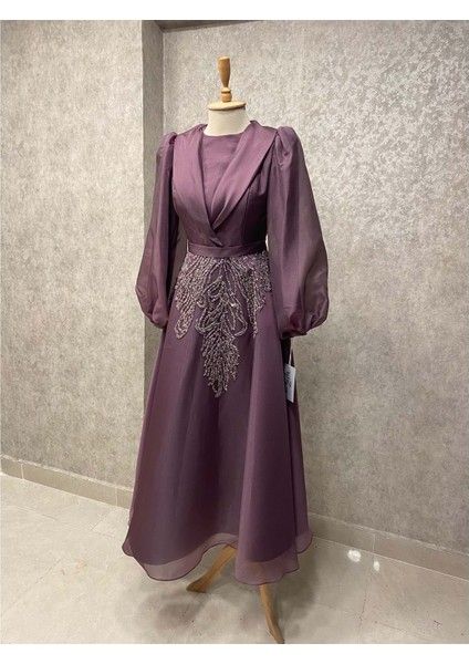 24Y4806 Hennin Abiye Elbise Balon Kol Eteği Taş Işlemeli - Hennin - 24Y4806 - Lila - 42 fiyatları