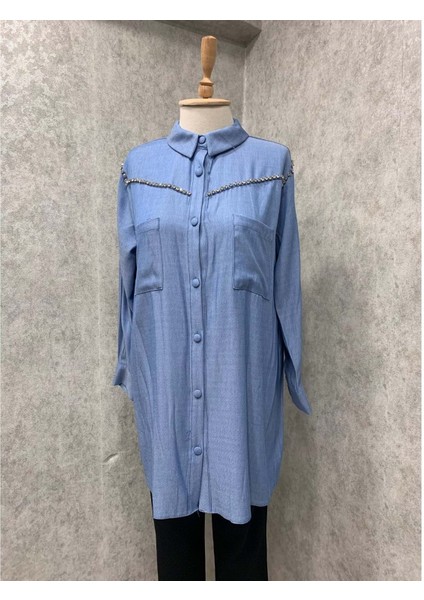 24Y5206 Tunik Düğmeli Önü Taşlıcepli - Vishne - 24Y5206 - Mavi - 44