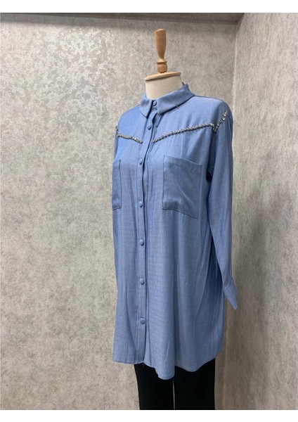 24Y5206 Tunik Düğmeli Önü Taşlıcepli - Vishne - 24Y5206 - Mavi - 44