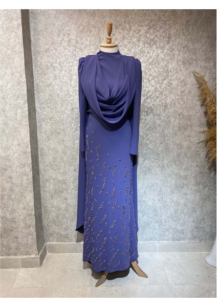 24Y4893 Hennin Abiye Elbise Şal Yaka Eteği Taşlı - Hennin - 24Y4893 - Lila - 42