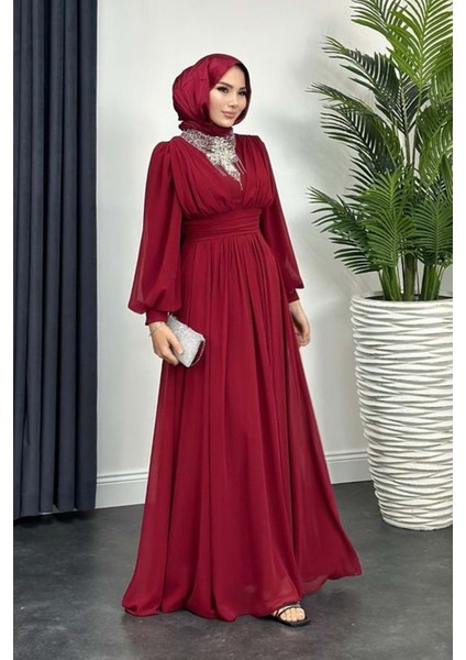 24Y4554 Abiye Elbise Şifon Önü Taş Detaylı - Tane - 24Y4554 - Bordo - 44