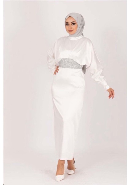 24Y4930 Stilife Elbise Saten Yarasa Kol Beli Taşlı - Stilife - 24Y4930 - Beyaz - 44