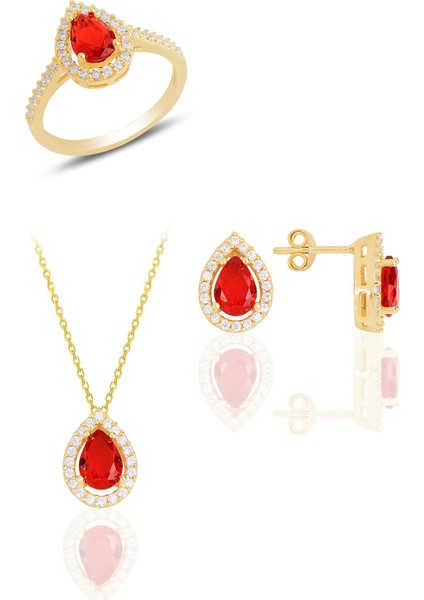 Gümüş Altın Yaldızlı Taşlı Damla Modeli Üçlü Set SGTL11517KIRMIZI