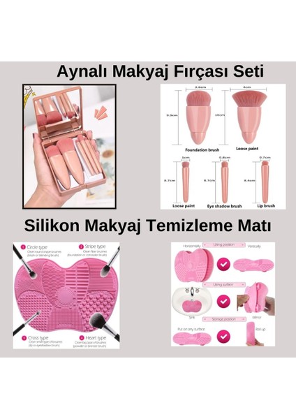 Aynalı Makyaj Fırçası Seti+Silikon Makyaj Fırçasıtemizleme Matı