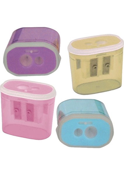 Şeffaf Digdörtgen Kalemtraş Çift Delikli Kilitli Soft Renkler 4 Farklı Renk Adet