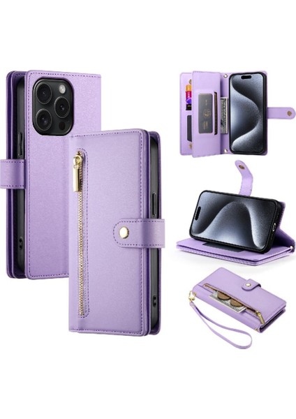 IPhone 15 Için Flip Case Pro Bilek Kayışı Kickstand Çok Fonksiyonlu Kart (Yurt Dışından)
