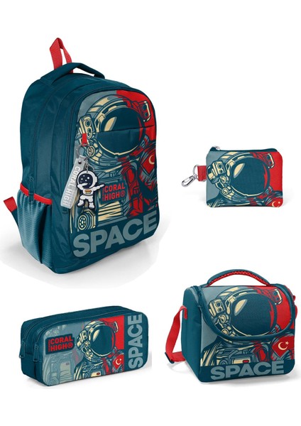 Kids Çivit Kırmızı Astronot Desenli 4’lü Okul Çanta Seti 4Set 14389