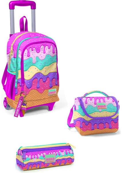 Kids Rengarenk Dondurma Desenli Pembe Çekçekli 3'lü Çanta Seti 3Set 23931