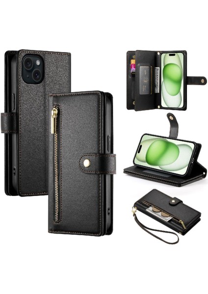 IPhone 15 Için Flip Case Artı Kickstand Cüzdan Bölmesi Bilek Kayışı Kart (Yurt Dışından)