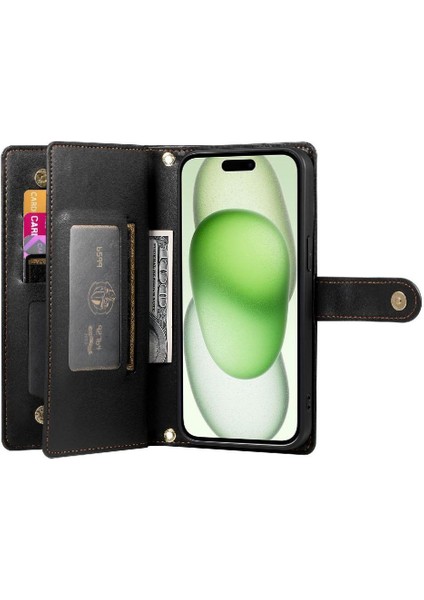 IPhone 15 Için Flip Case Artı Kickstand Cüzdan Bölmesi Bilek Kayışı Kart (Yurt Dışından)