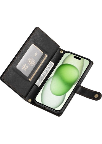 IPhone 15 Için Flip Case Artı Kickstand Cüzdan Bölmesi Bilek Kayışı Kart (Yurt Dışından)
