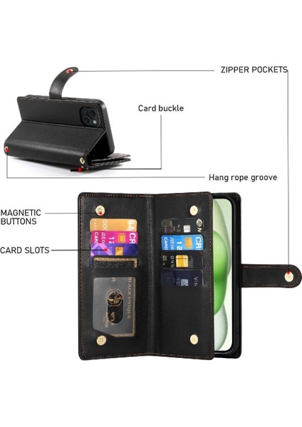 IPhone 15 Için Flip Case Artı Kickstand Cüzdan Bölmesi Bilek Kayışı Kart (Yurt Dışından)