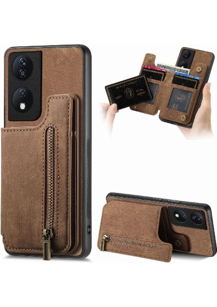 Onur X7B Için Kılıf Katlanabilir Arka Kapak Standı Fonksiyonu Vintage Fermuar Cüzdan (Yurt Dışından)