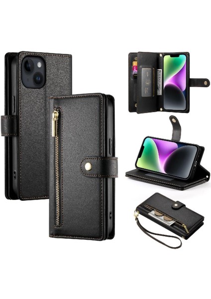 IPhone 14 Bilek Kayışı Kickstand Çok Fonksiyonlu Kart Yuvaları Için Flip Case (Yurt Dışından)