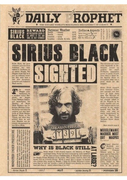 512 Art Design Sirius Black Gazete Manşet Duvar Poster 30 x 42 Çerçevesiz