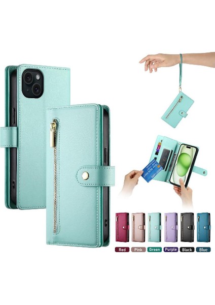 IPhone 15 Için Flip Case Artı Kickstand Cüzdan Bölmesi Bilek Kayışı Kart (Yurt Dışından)