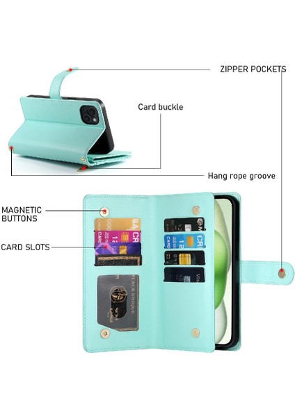 IPhone 15 Için Flip Case Artı Kickstand Cüzdan Bölmesi Bilek Kayışı Kart (Yurt Dışından)