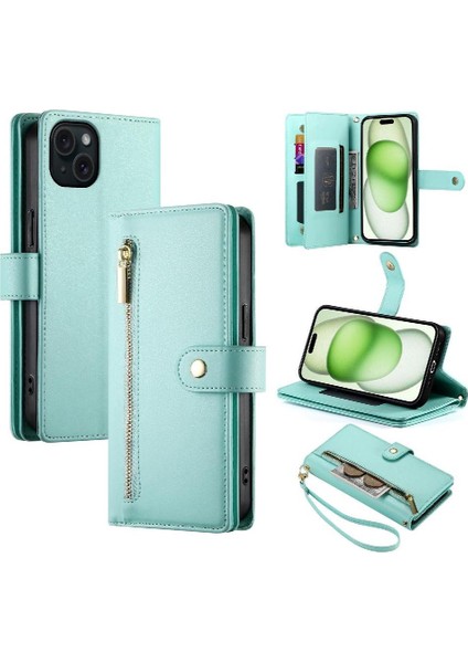 IPhone 15 Için Flip Case Artı Kickstand Cüzdan Bölmesi Bilek Kayışı Kart (Yurt Dışından)