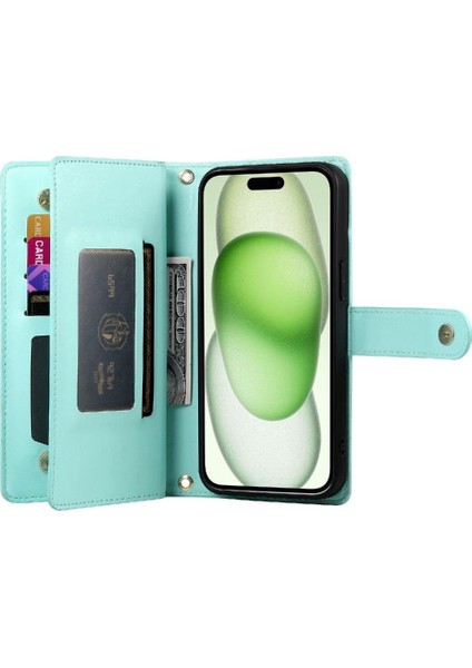 IPhone 15 Için Flip Case Artı Kickstand Cüzdan Bölmesi Bilek Kayışı Kart (Yurt Dışından)