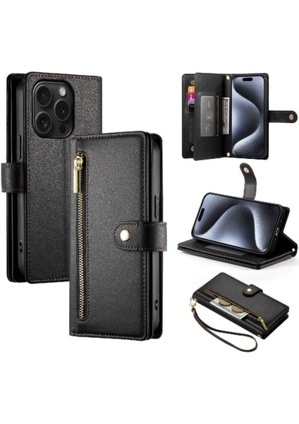 IPhone 15 Için Flip Case Pro Bilek Kayışı Kickstand Çok Fonksiyonlu Kart (Yurt Dışından)