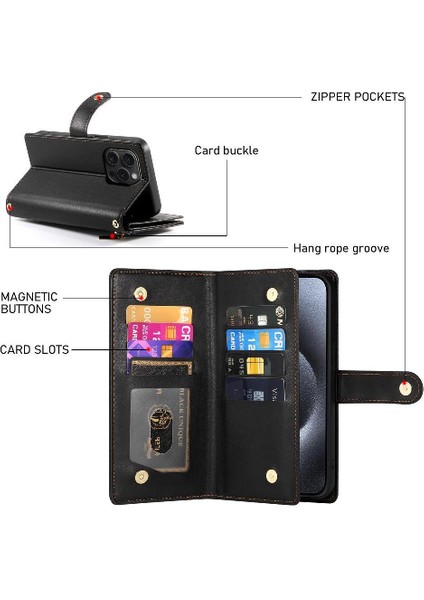 IPhone 15 Için Flip Case Pro Bilek Kayışı Kickstand Çok Fonksiyonlu Kart (Yurt Dışından)