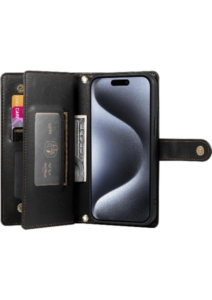 IPhone 15 Için Flip Case Pro Bilek Kayışı Kickstand Çok Fonksiyonlu Kart (Yurt Dışından)
