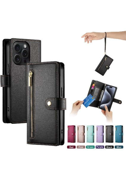 IPhone 15 Için Flip Case Pro Bilek Kayışı Kickstand Çok Fonksiyonlu Kart (Yurt Dışından)