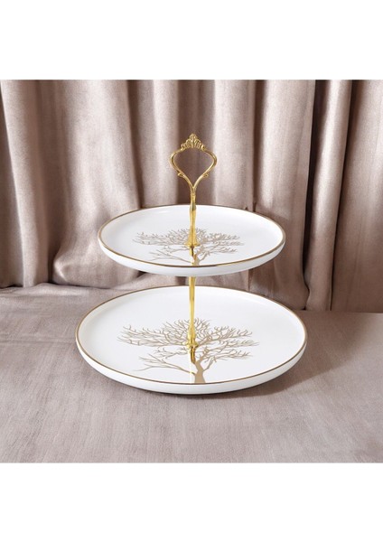 Autumn Hayata Ağacı Desenli Gold Kaplama Detaylı Porselen 2 Katlı Pasta Kurabiyelik Servislik