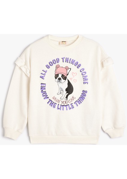 Fırfırlı Sweatshirt Köpek Baskılı Uzun Kollu Pamuklu