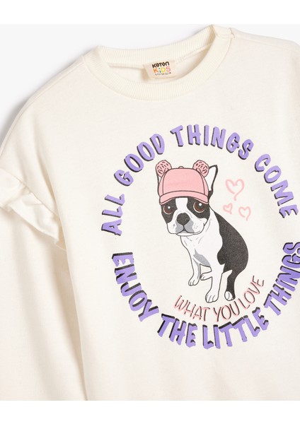 Fırfırlı Sweatshirt Köpek Baskılı Uzun Kollu Pamuklu