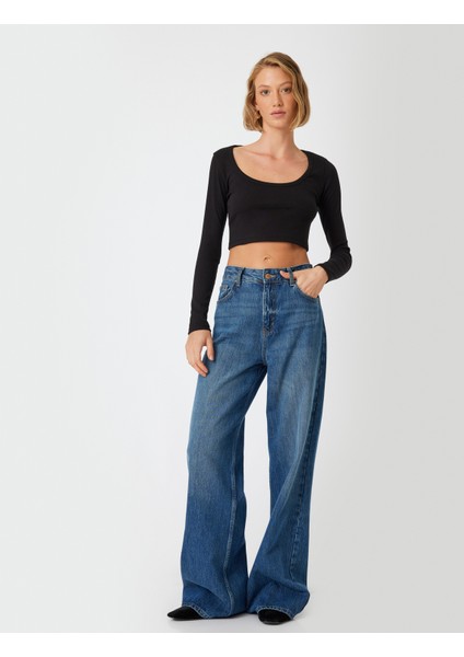 Uzun Kollu Crop Tişört Fitilli Derin Yuvarlak Yaka Pamuklu Slim Fit