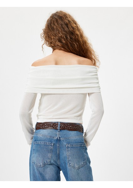 Madonna Yaka Tişört Uzun Kollu Drapeli Slim Fit Viskon Karışımlı fırsatları