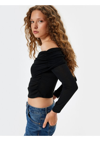 Madonna Yaka Tişört Uzun Kollu Drapeli Slim Fit Viskon Karışımlı