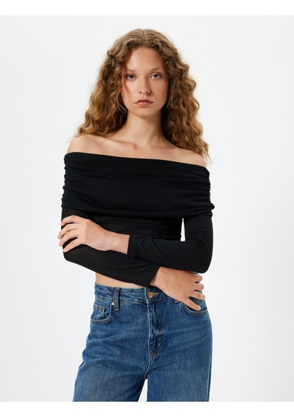 Madonna Yaka Tişört Uzun Kollu Drapeli Slim Fit Viskon Karışımlı modelleri