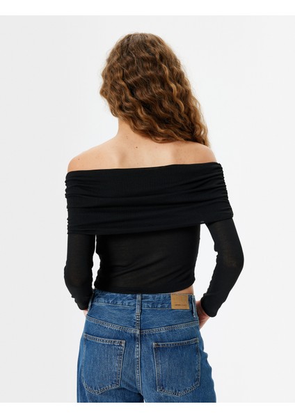 Madonna Yaka Tişört Uzun Kollu Drapeli Slim Fit Viskon Karışımlı fırsatları