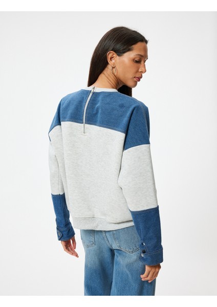 Oversize Sweatshirt Renk Bloklu Bisiklet Yaka Fermuar Detaylı Şardonlu fırsatları