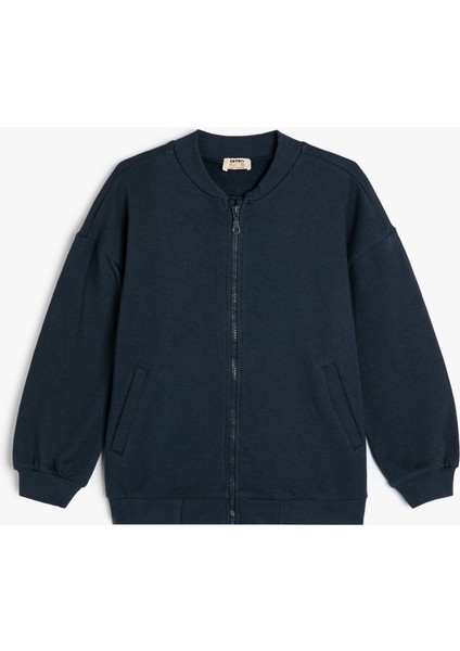 Fermuarlı Sweatshirt Uzun Kollu Yuvarlak Yaka Cepli Pamuklu