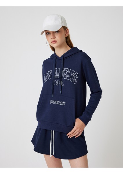 Oversize Sweatshirt Kapüşonlu Kolej Baskılı Kanguru Cepli