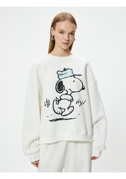 Snoopy Oversize Sweatshirt Lisanslı Baskılı Bisiklet Yaka