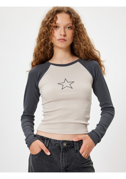 Uzun Kollu Tişört Yıldız Baskılı Bisiklet Yaka Slim Fit