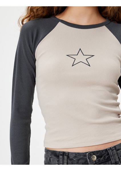 Uzun Kollu Tişört Yıldız Baskılı Bisiklet Yaka Slim Fit indirimleri