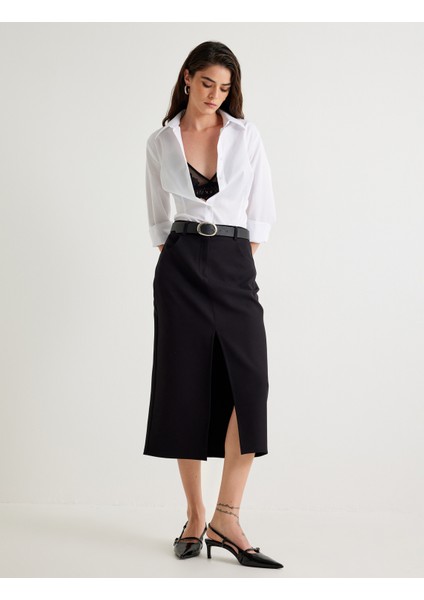 Midi Boy Kalem Etek Önden Yırtmaç Detaylı Cepli