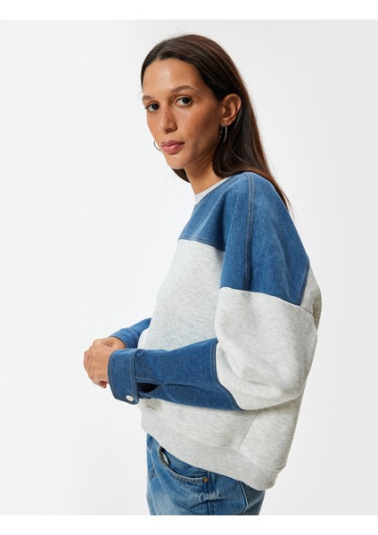 Oversize Sweatshirt Renk Bloklu Bisiklet Yaka Fermuar Detaylı Şardonlu
