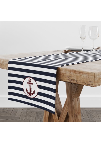 Lacivert Çizgili Bordo Çapa Runner Örtü - 40 cm x 140 cm