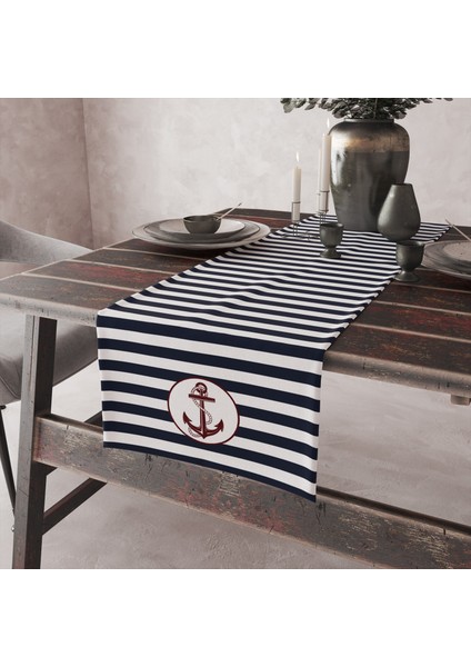 Lacivert Çizgili Bordo Çapa Runner Örtü - 40 cm x 140 cm