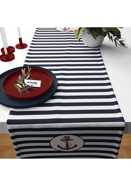 Lacivert Çizgili Bordo Çapa Runner Örtü - 40 cm x 140 cm