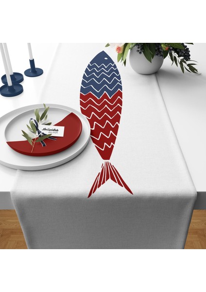 Burgundy & Blue A Fish Runner Örtü - 40 cm x 140 cm