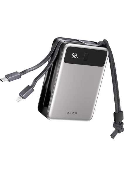 Zlos MB20 65W 20000 mAh Usb-C ve Lightning Dahili Kablolu Powerbank Yüksek Hızlı Taşınabilir Şarj Cihazı