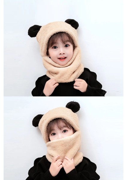 Sevimli Panda Çocuk Kapşonlu Kulaklı Peluş Bere Welsoft Polar Rüzgar Geçirmez Boyunluklu Şapka